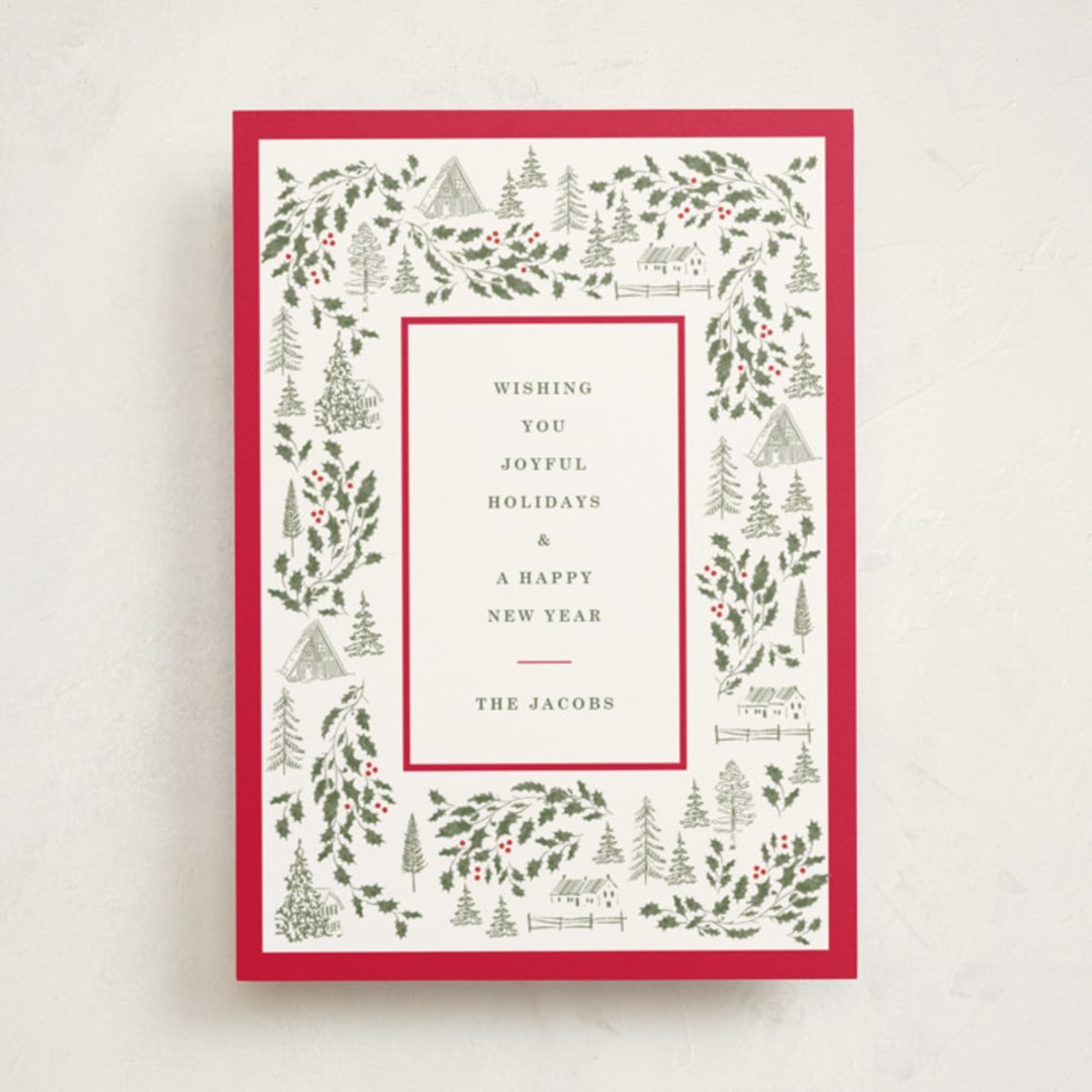 "Village Frame" - Holiday Cards in Cranberry by Baumbirdy - Front