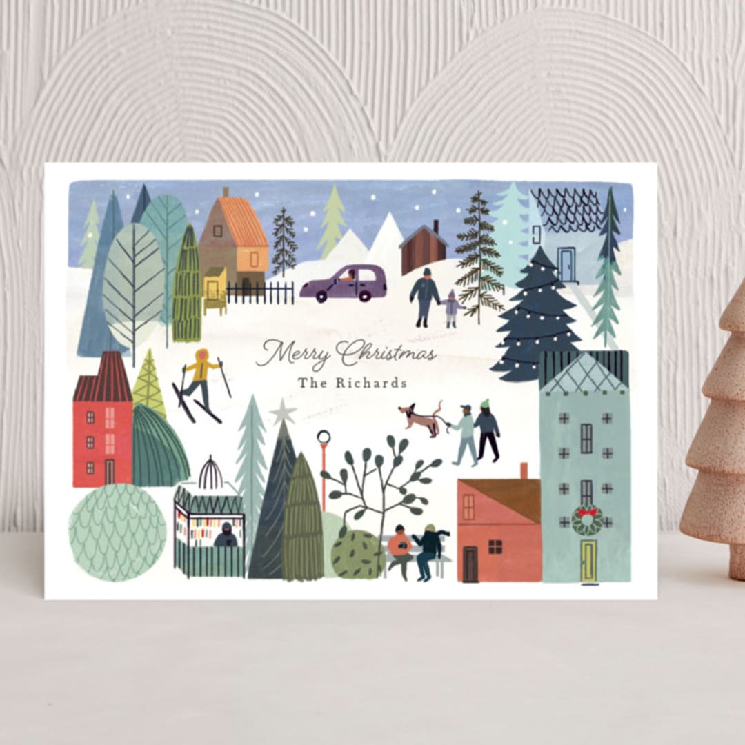 "Holiday Village" - Holiday Cards in Wreath by Morgan Ramberg - Front