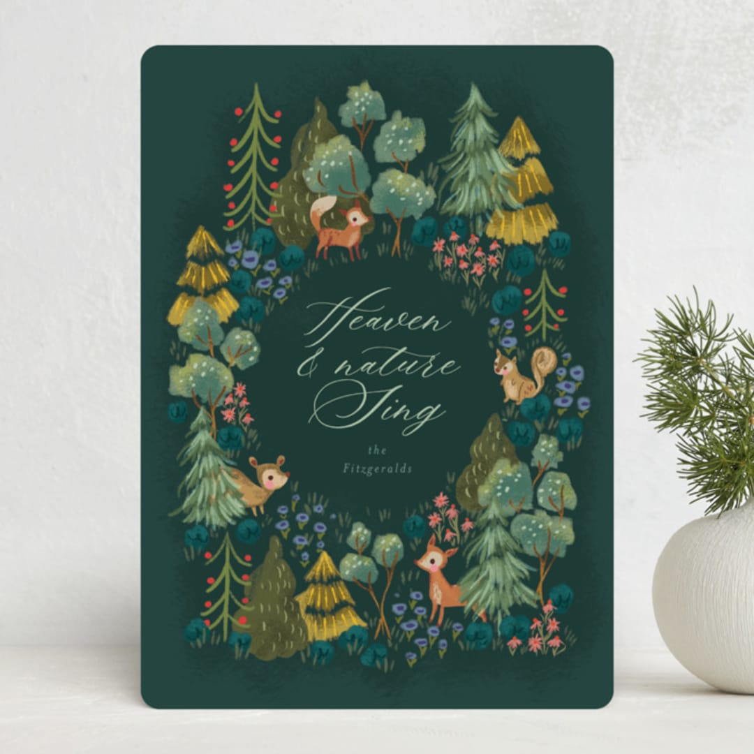 "Holiday Forest Friends" - Holiday Cards in Emerald by Jackie Crawford - Front