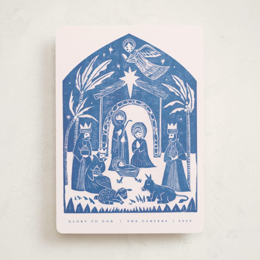 "Linocut Nativity" - Holiday Cards in Sky by Teju Reval - Front