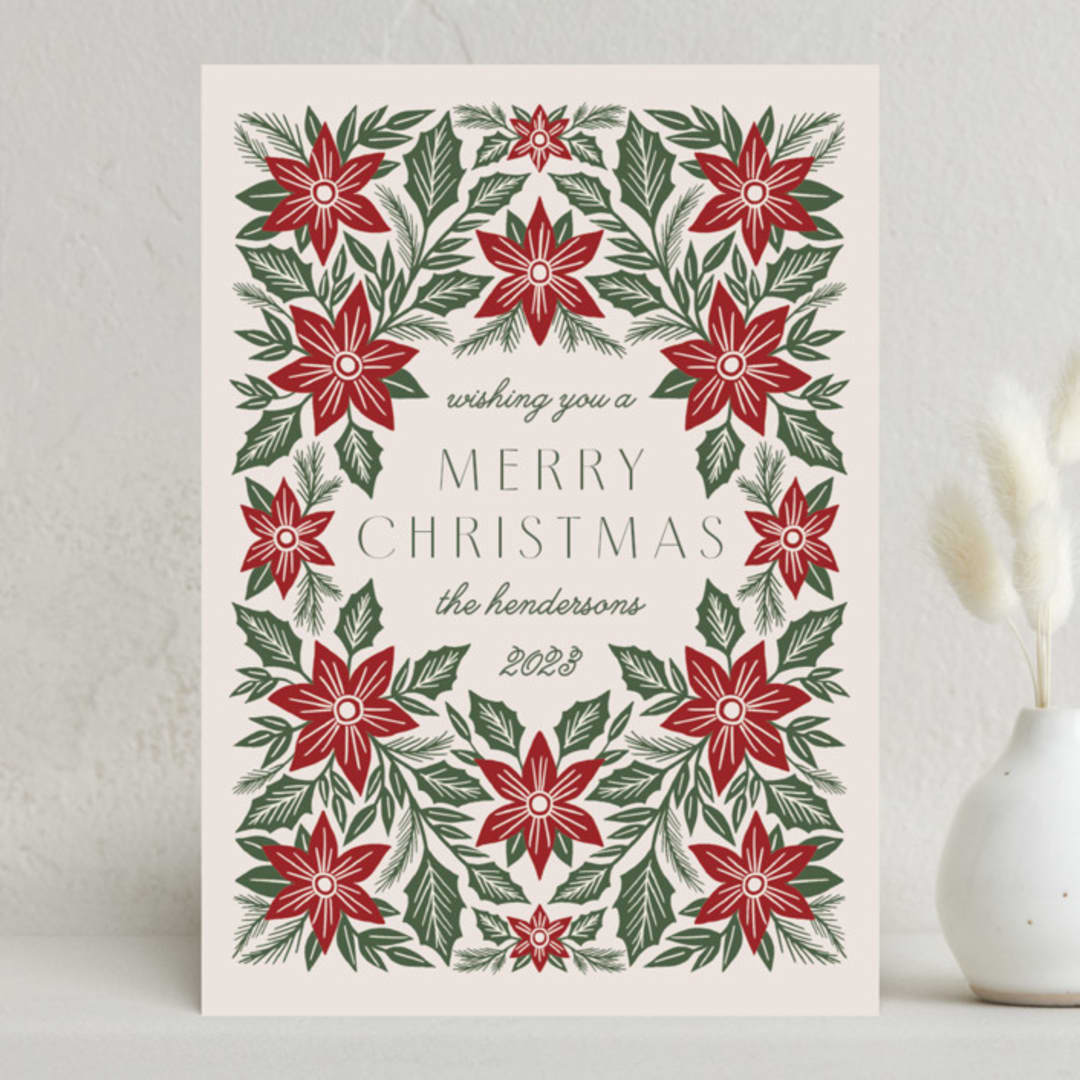 "Pressed Poinsettia" - Holiday Cards in Evergreen by Katharine Watson - Front