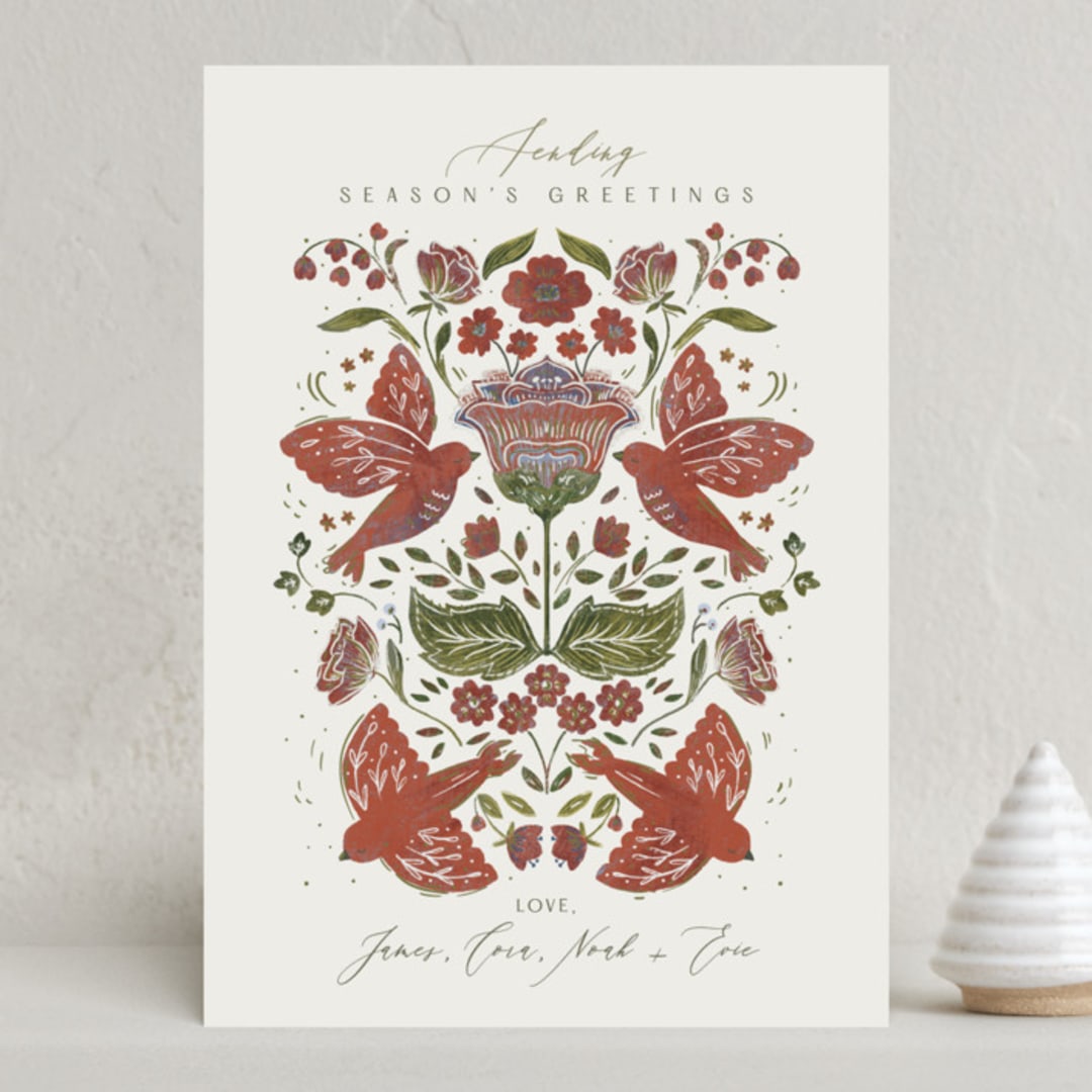 "Peaceful Folk Floral Doves" - Holiday Cards in Cranberry by Corie Page - Front