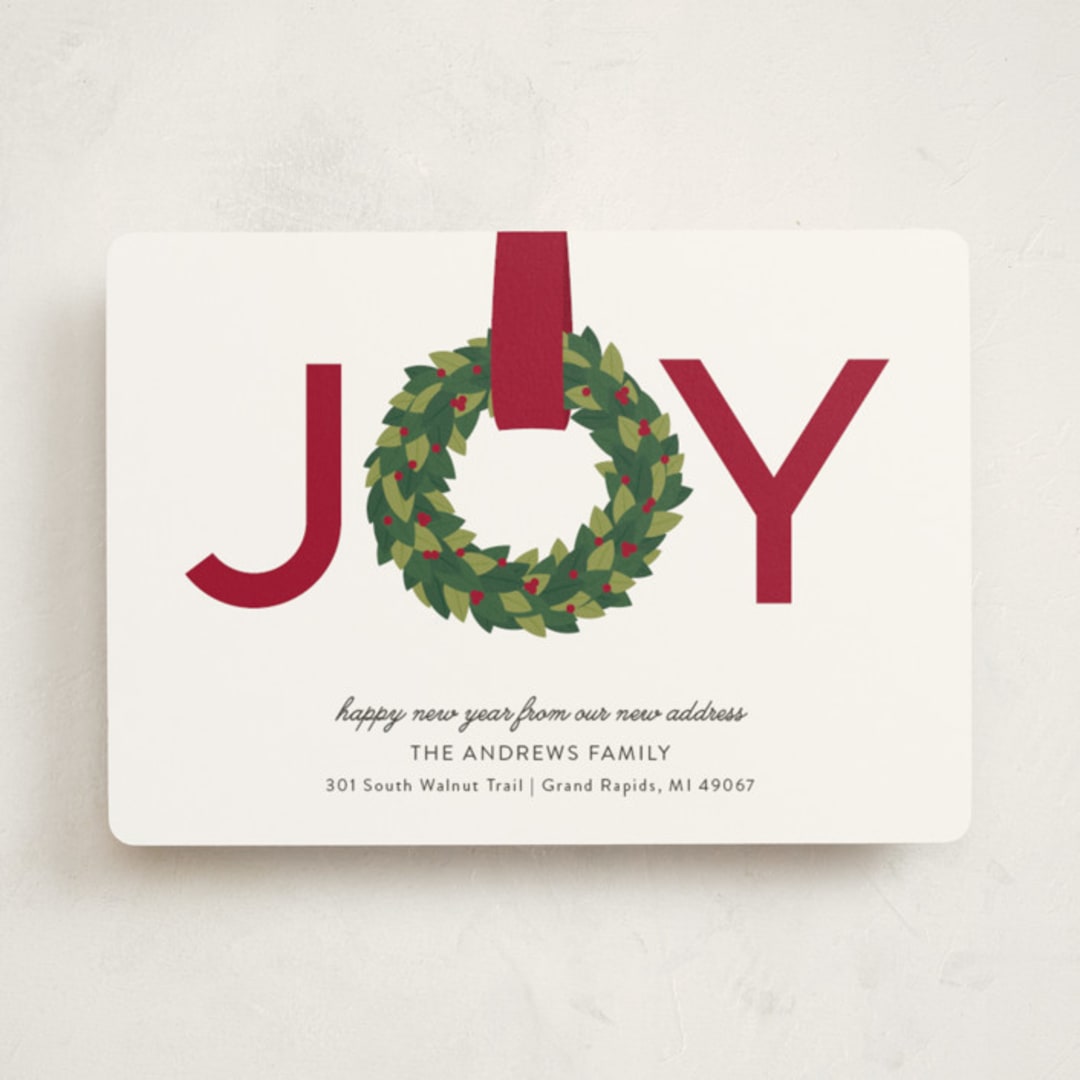 "Joy Wreath" - Holiday Cards in Cranberry by Sarah Brown - Front