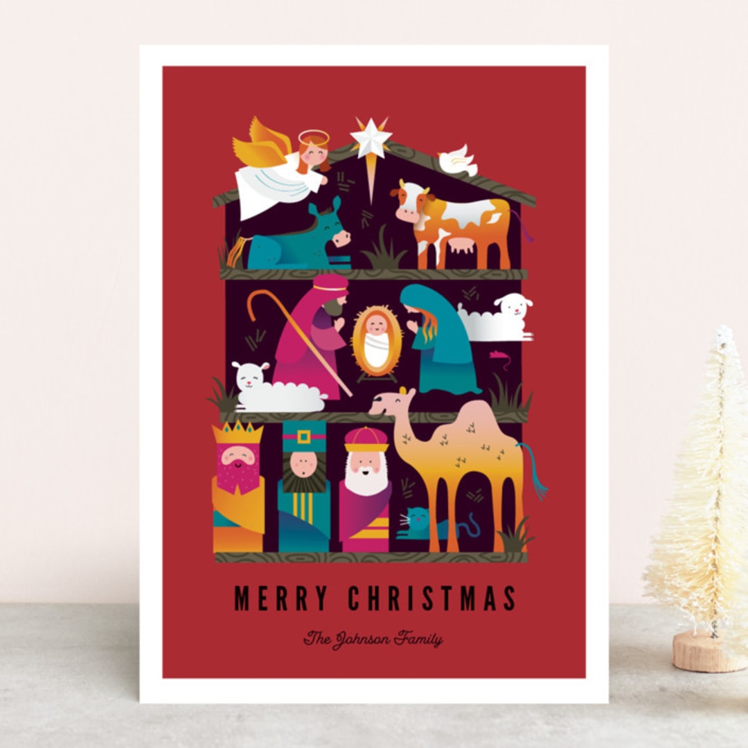 "Nativity Party" - Holiday Cards in Poinsettia by Katie Zimpel - Front
