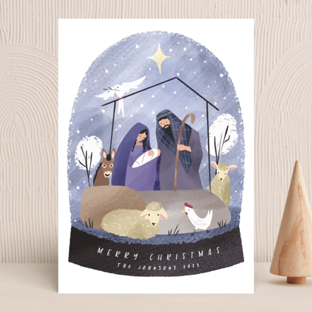 "Nativity Snow Globe" - Holiday Cards in Night by Grae - Front