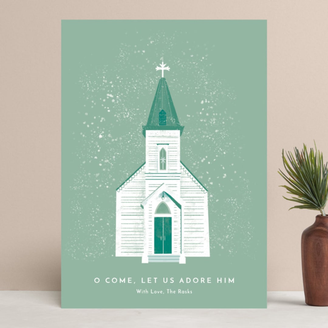 "O Come Let Us Adore Him" - Holiday Cards in Pine by Laura Mitchell - Front