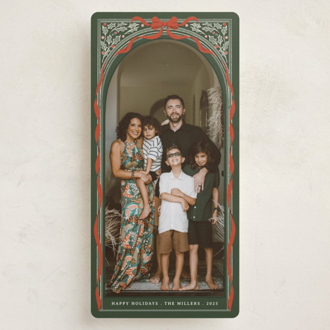 "Holly Ribbon Archway" - Tall Holiday Cards in Forest by Becky Nimoy - Front