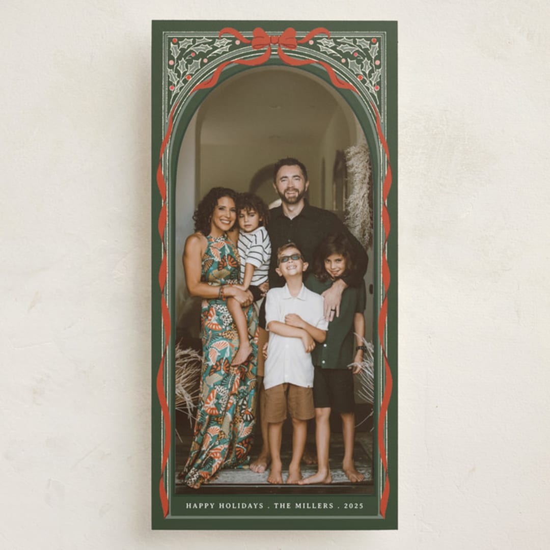 "Holly Ribbon Archway" - Tall Holiday Cards in Forest by Becky Nimoy - Front