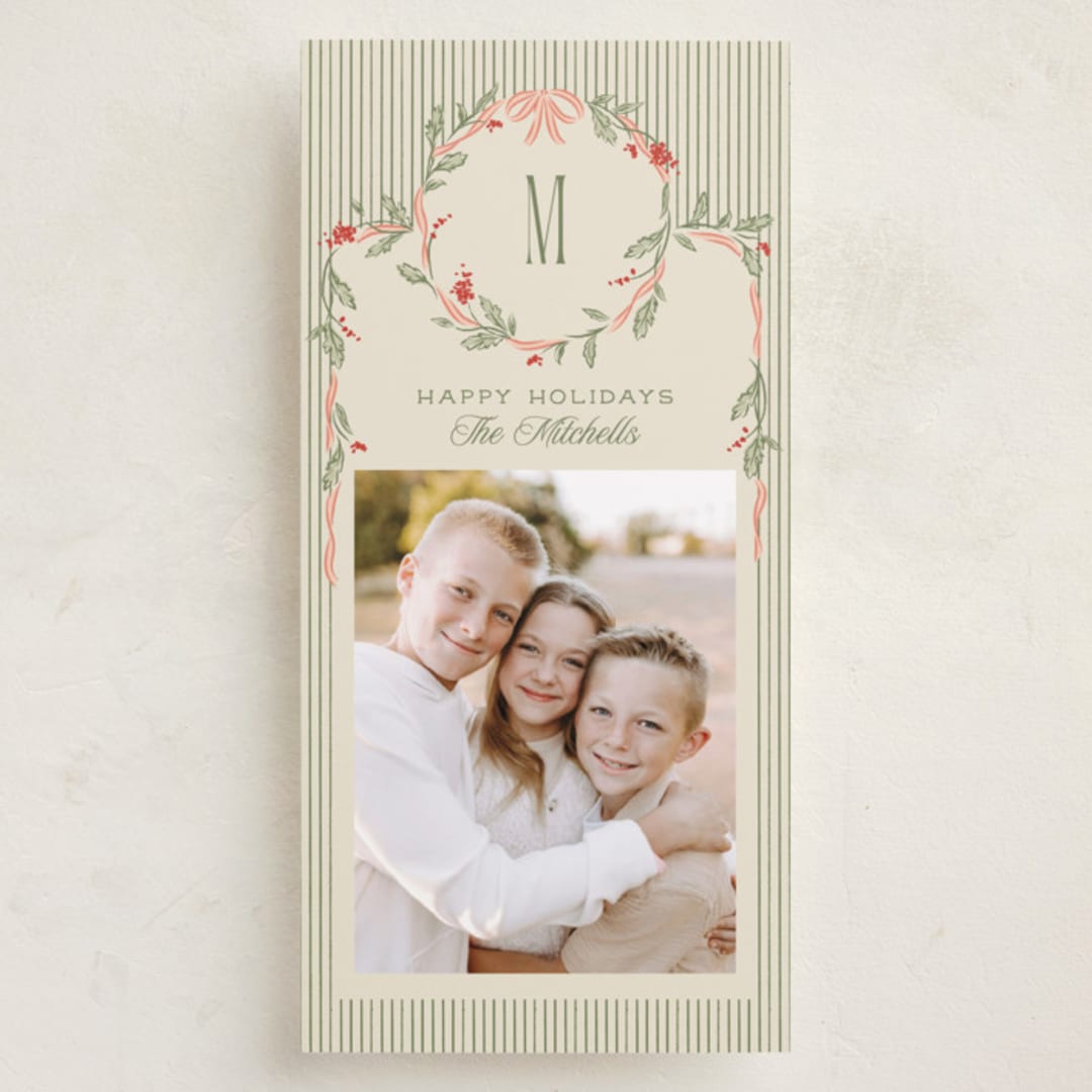 "Wreath Frame" - Tall Holiday Cards in Cream by Robert and Stella - Front