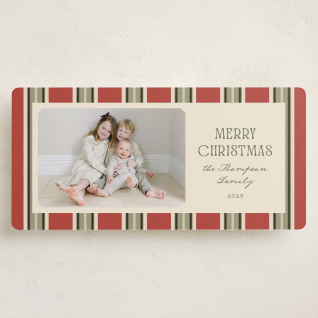 "Antique Stripes" - Tall Holiday Cards in Berry by Robert and Stella - Front