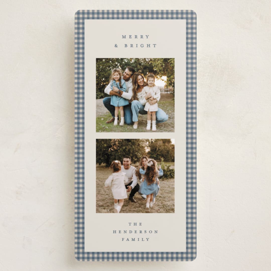 "Gingham Border" - Tall Holiday Cards in Blue Spruce by Kelly Watkins - Front