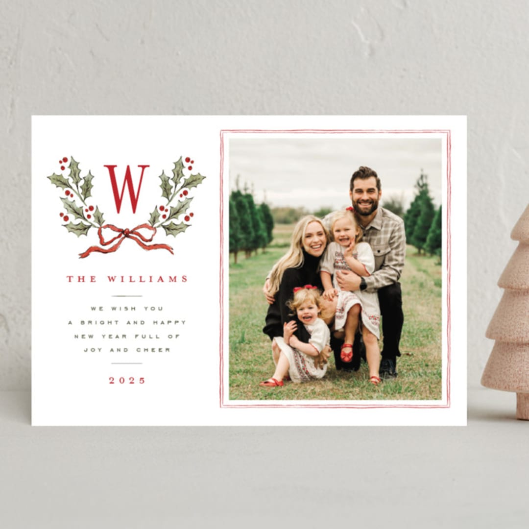 "Holly Monogram" - Holiday Cards in Holly Berry by Wildfield Paper Co - Front