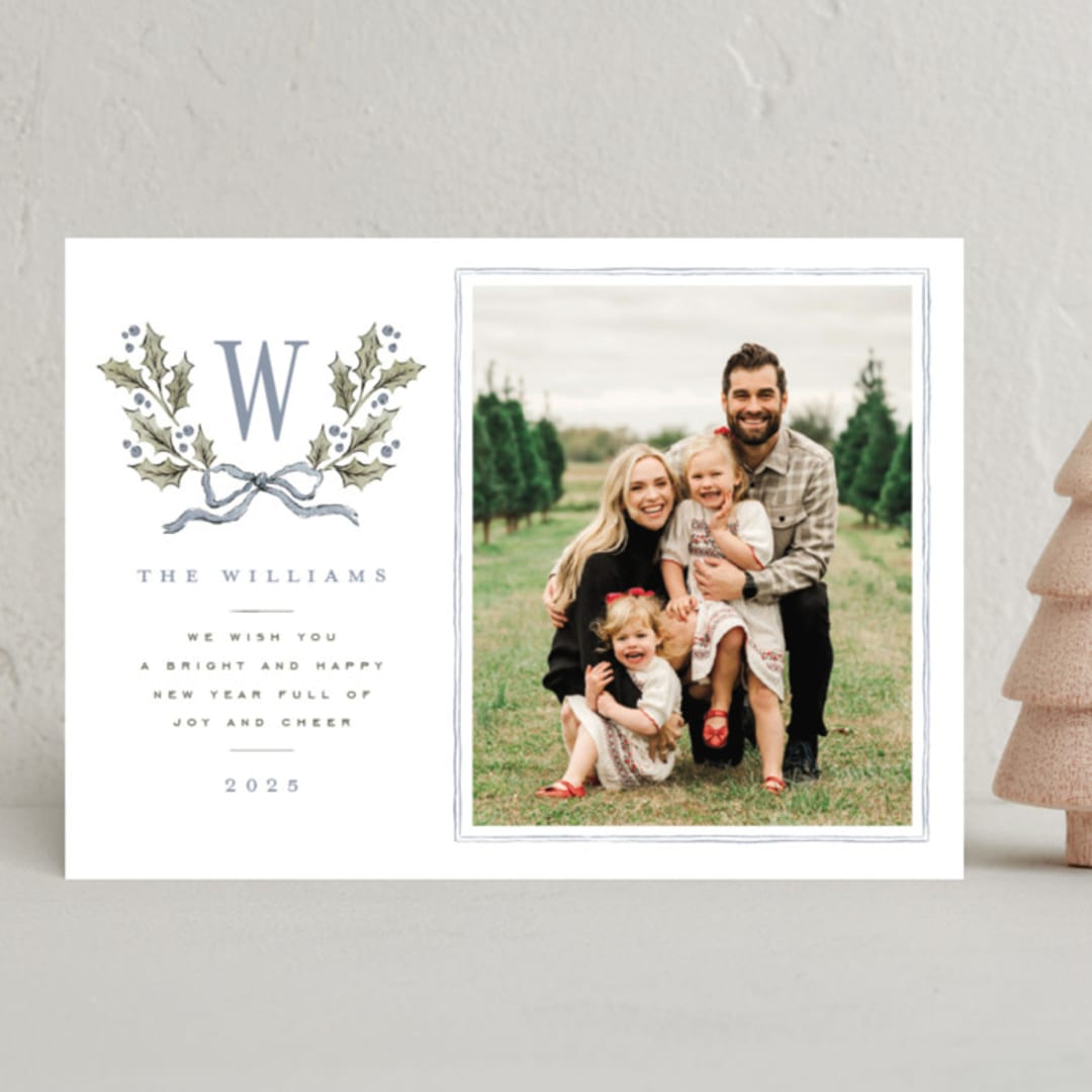 "Holly Monogram" - Holiday Cards in Blue Spruce by Wildfield Paper Co - Front