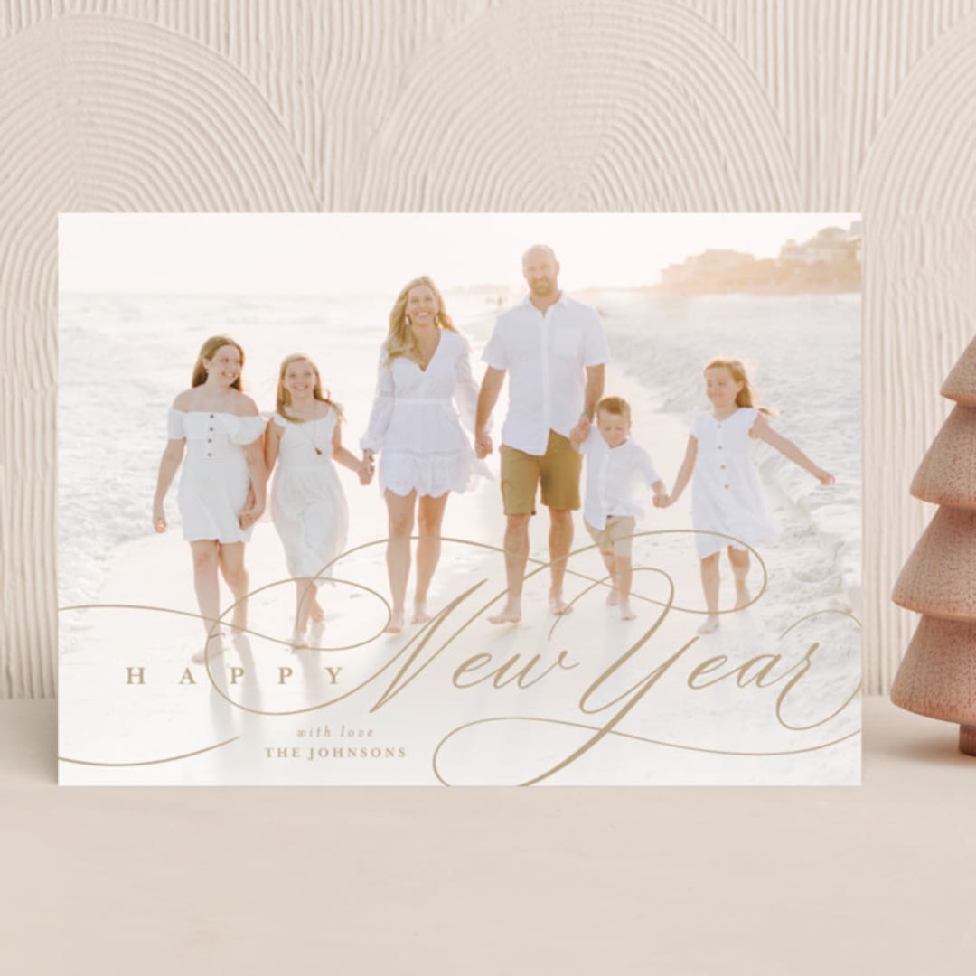 "Scripted" - Holiday Cards in Wheat by Shannon Chen of Four Wet Feet Studio - Front