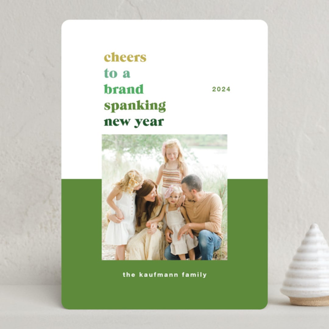 "Brand Spanking New" - Holiday Cards in Elf Shoes by Nazia Hyder - Front