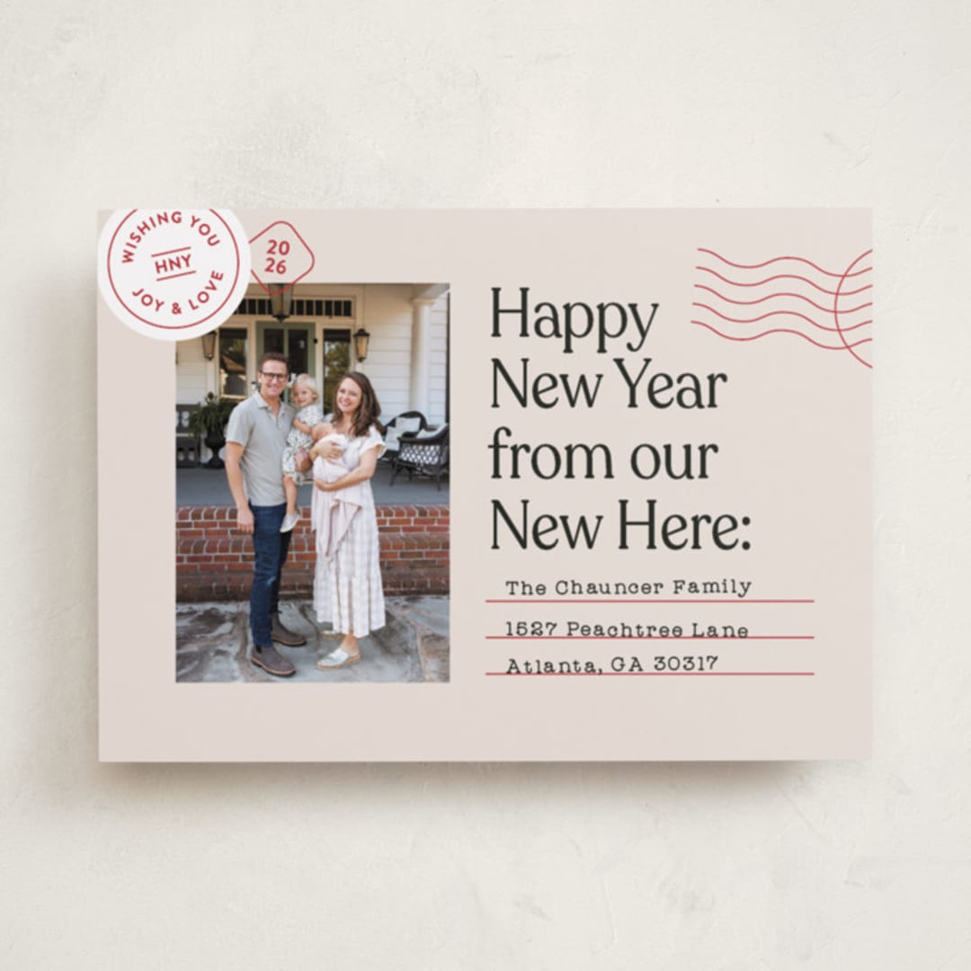 "New Here" - Holiday Cards in Cranberry by Shari Margolin - Front