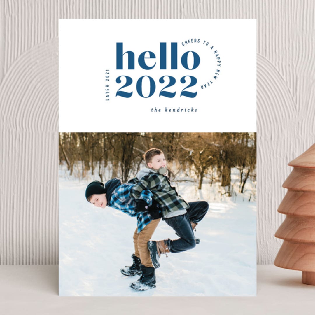 "Hello Yellow" - Holiday Cards in Cobalt by Hooray Creative - Front