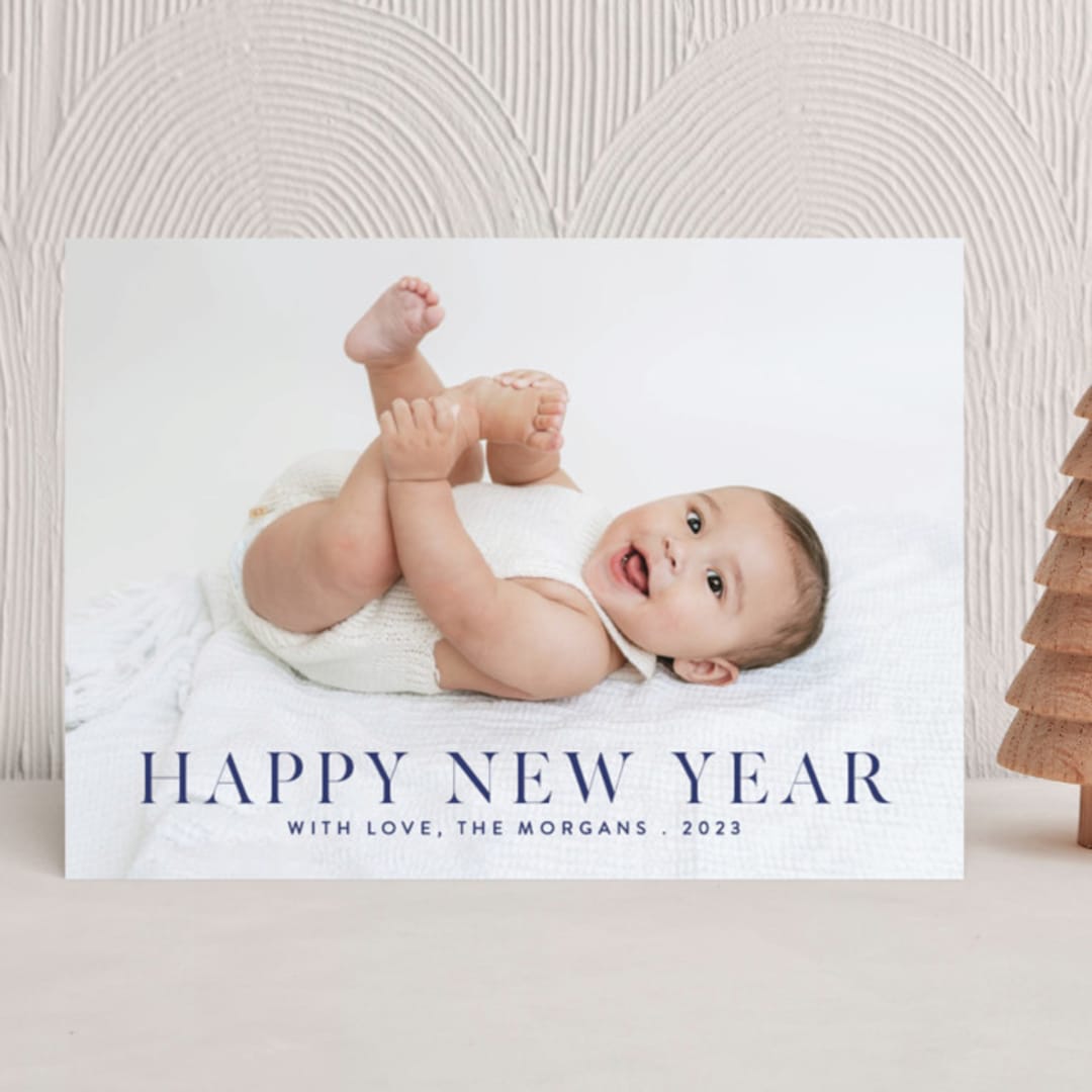 "Happiness" - Holiday Cards in French Navy by Angela Thompson - Front