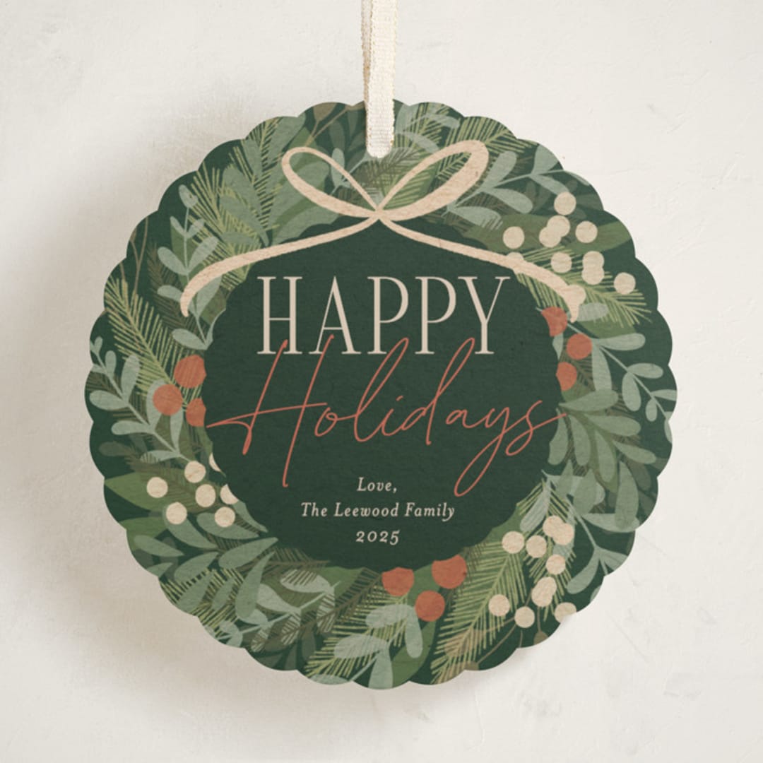 "Botanical Wreath" - Holiday Ornament Cards in Pine Needle by Erin German - Front
