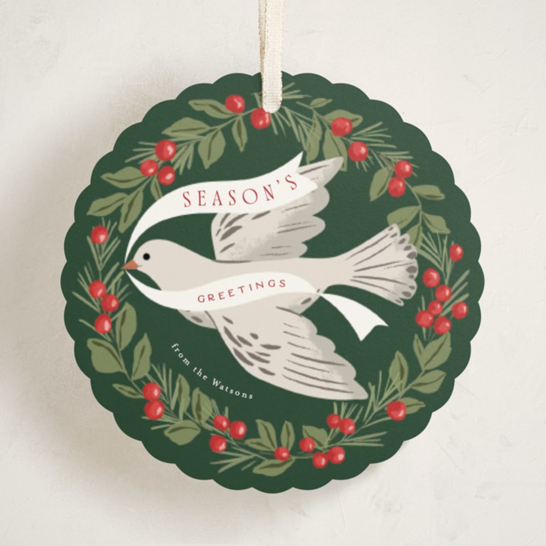 "Dove Wreath" - Holiday Ornament Cards in Evergreen by Everett Paper Goods - Front