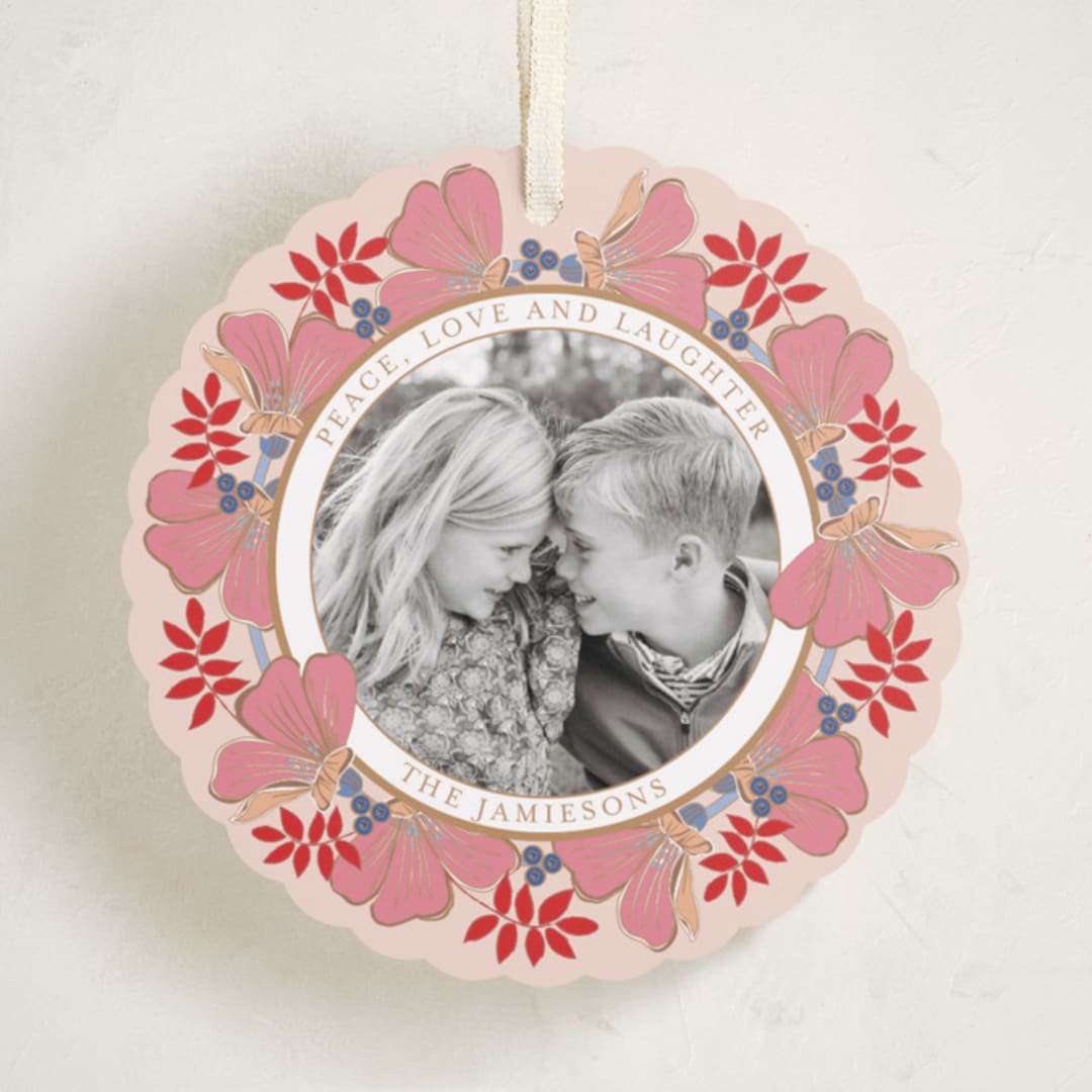 "Joyful Wreath" - Holiday Ornament Cards in Blueberry Peach by Katrina Marquet - Front