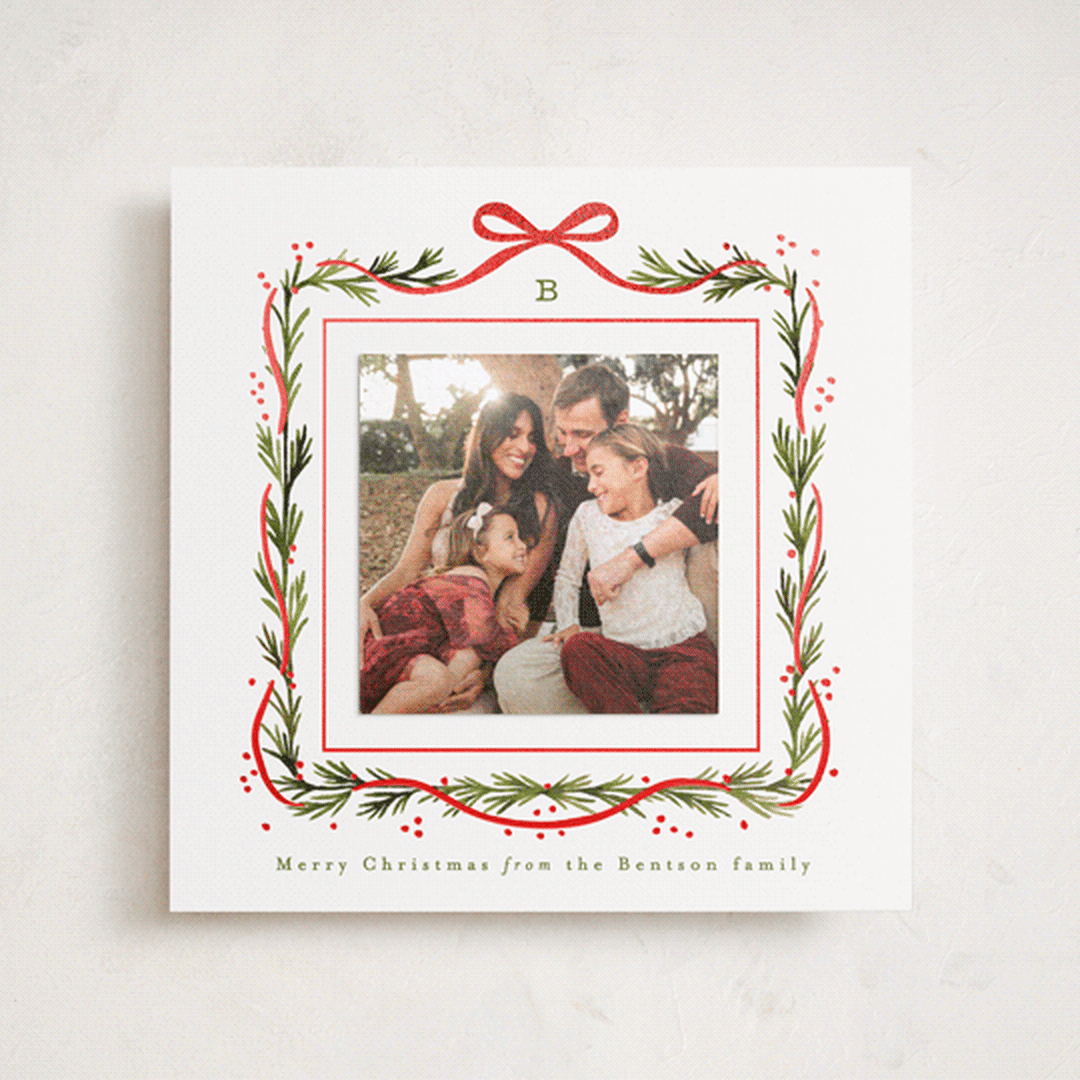 "Garland Border" - Foil-Pressed Holiday Photo Mount Cards in Mint by Alethea and Ruth - Front