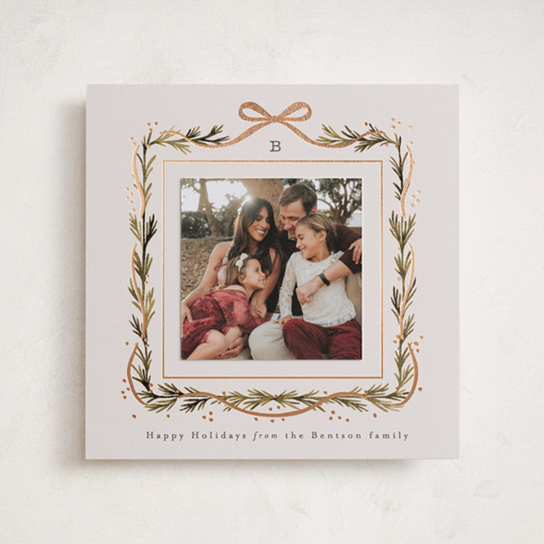"Garland Border" - Foil-Pressed Holiday Photo Mount Cards in Champagne by Alethea and Ruth - Front