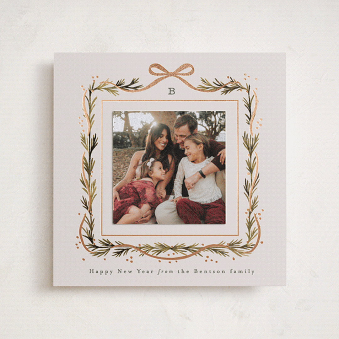 "Garland Border" - Foil-Pressed Holiday Photo Mount Cards in Champagne by Alethea and Ruth - Front