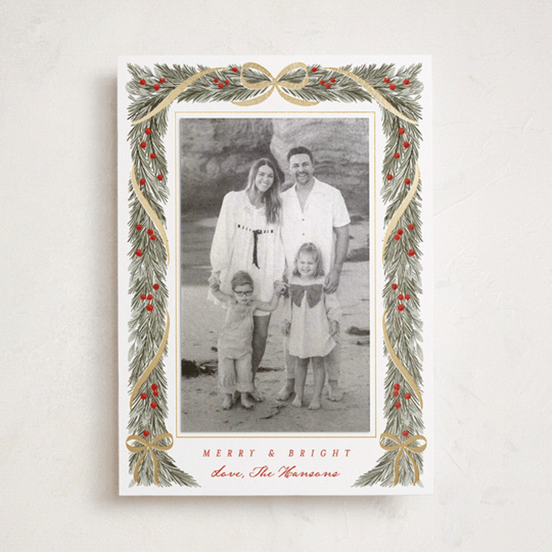 "Garland Frame" - Foil-Pressed Holiday Photo Mount Cards in Holly Berry by Leah Bisch - Front