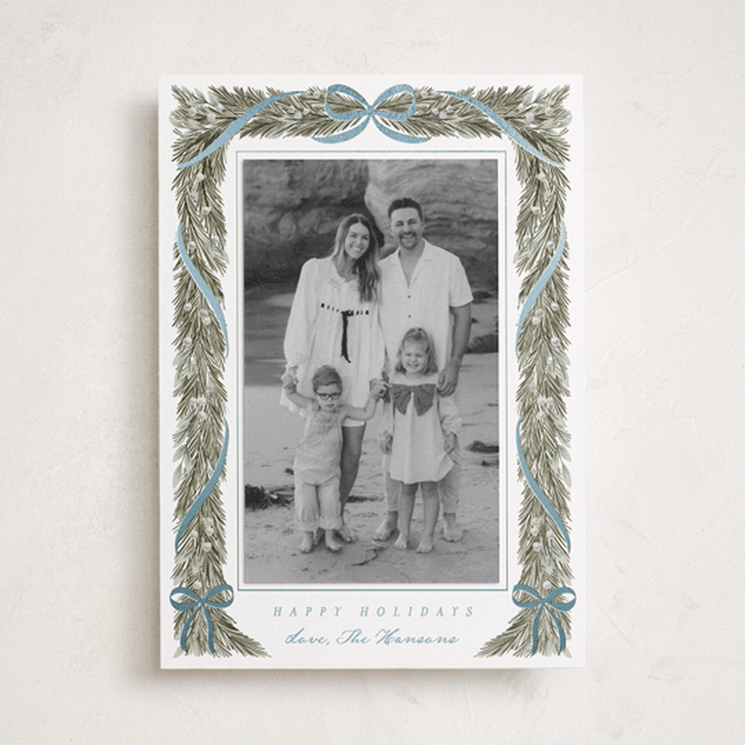 "Garland Frame" - Foil-Pressed Holiday Photo Mount Cards in Frost by Leah Bisch - Front