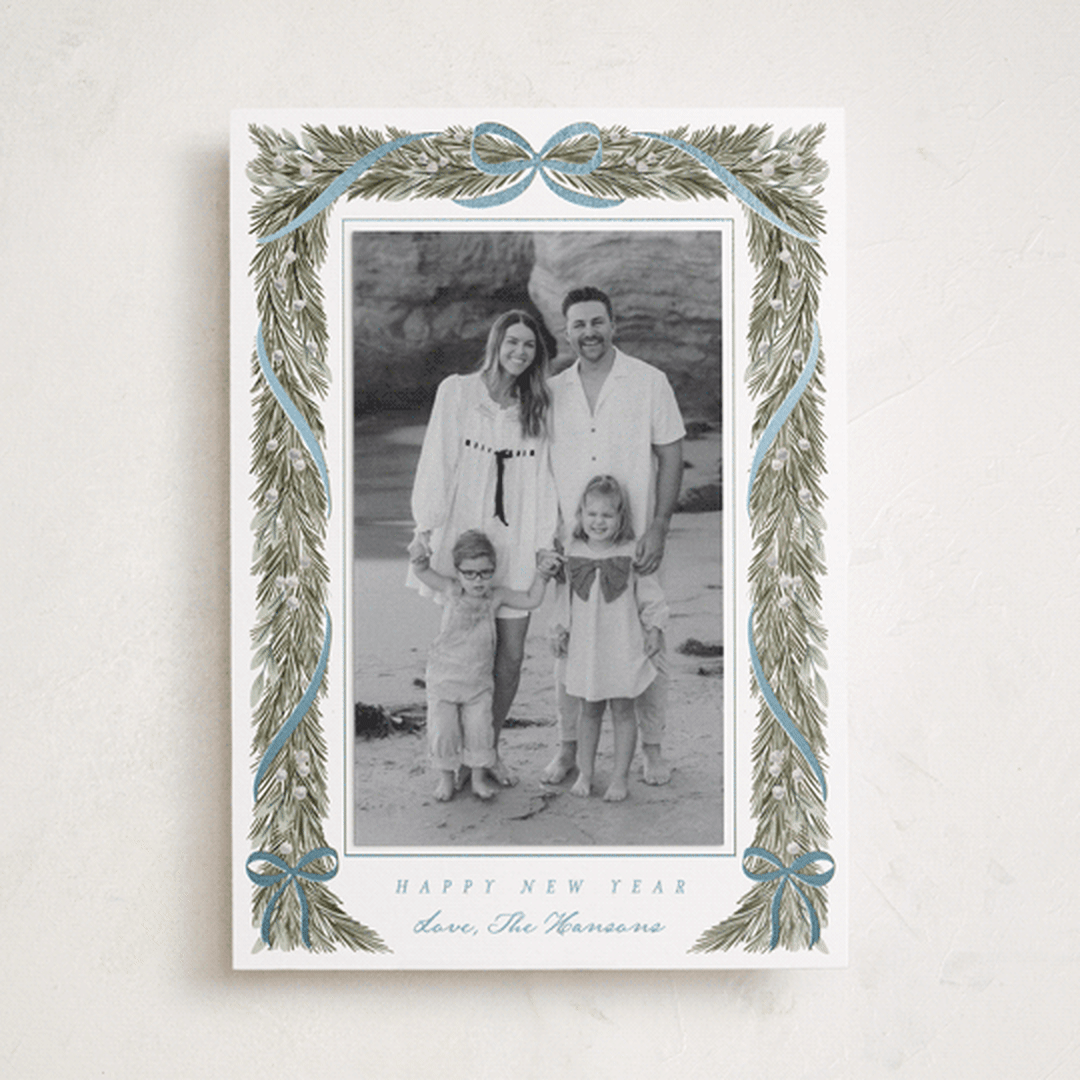 "Garland Frame" - Foil-Pressed Holiday Photo Mount Cards in Frost by Leah Bisch - Front