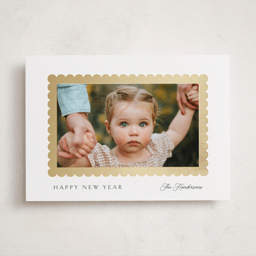 "Coquille" - Foil-Pressed Holiday Photo Mount Cards in Snow by Kaydi Bishop - Front