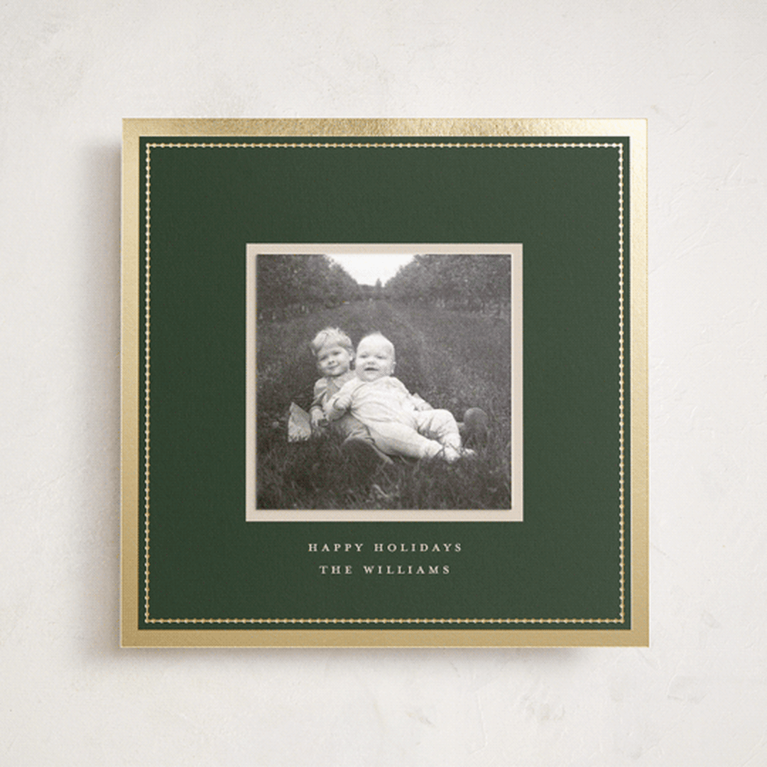 "Christmas Keepsake" - Foil-Pressed Holiday Photo Mount Cards in Pine by Robert and Stella - Front