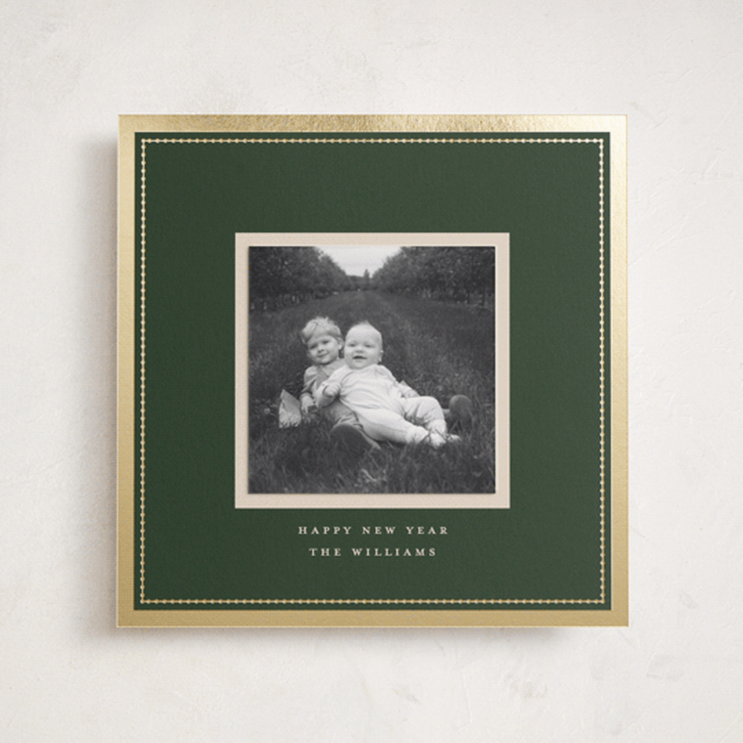 "Christmas Keepsake" - Foil-Pressed Holiday Photo Mount Cards in Pine by Robert and Stella - Front