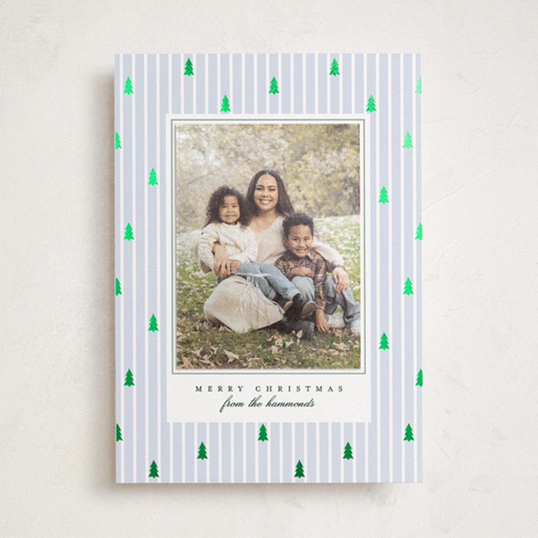 "Stripe Trees" - Foil-Pressed Holiday Photo Mount Cards in Glacier by Everett Paper Goods - Front