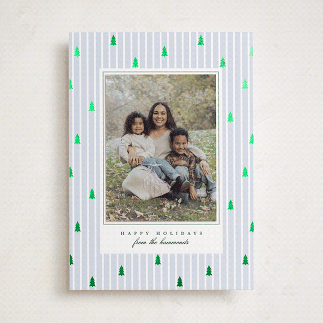 "Stripe Trees" - Foil-Pressed Holiday Photo Mount Cards in Glacier by Everett Paper Goods - Front