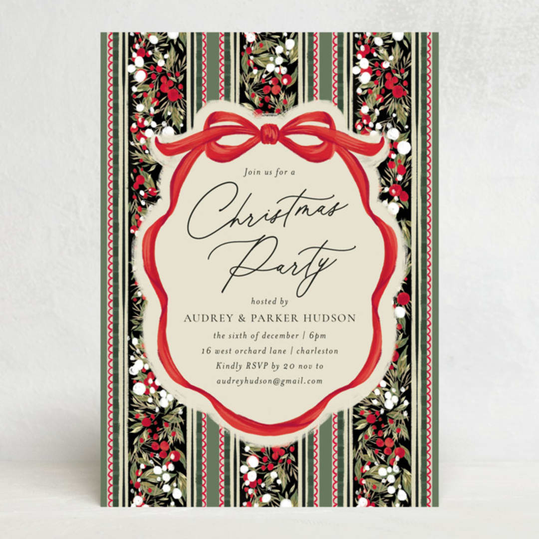 "Holiday Ribbon" - Party Invitations in Ruby by Jackie Crawford - Front