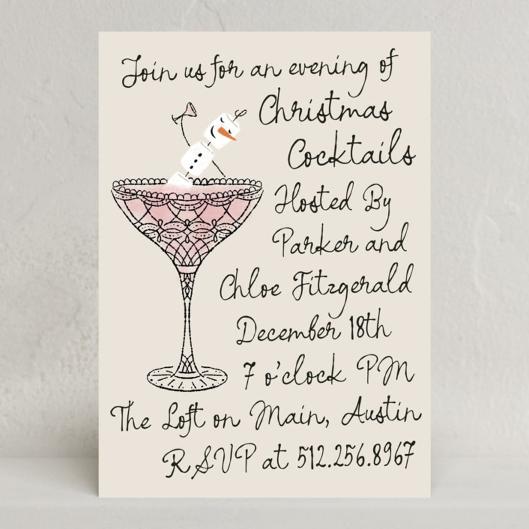 "Snowman Martini" - Party Invitations in Pink Berry by Jackie Crawford - Front