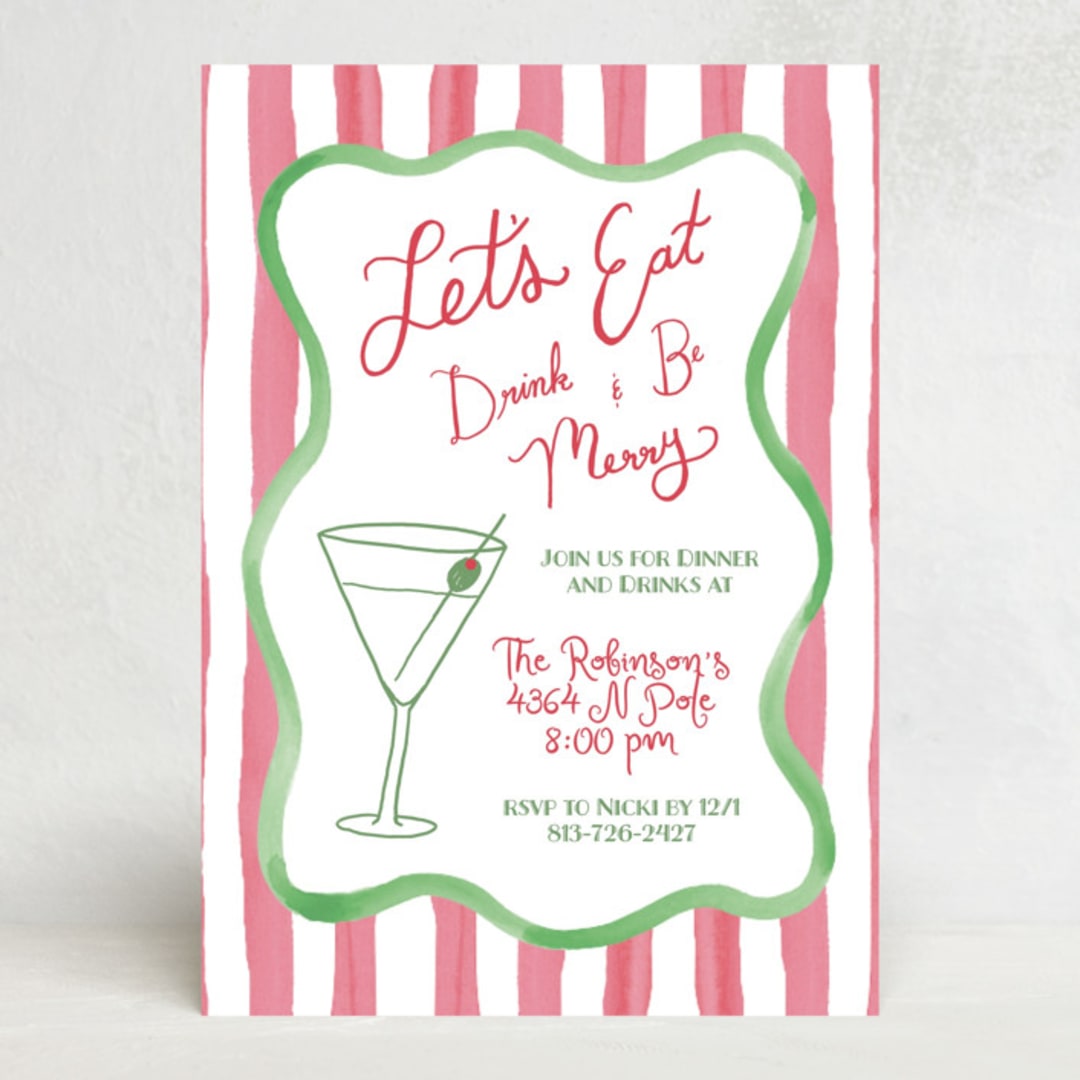 "Eat, Drink, and be Merry" - Party Invitations in Berry by Little Blue Designs - Front