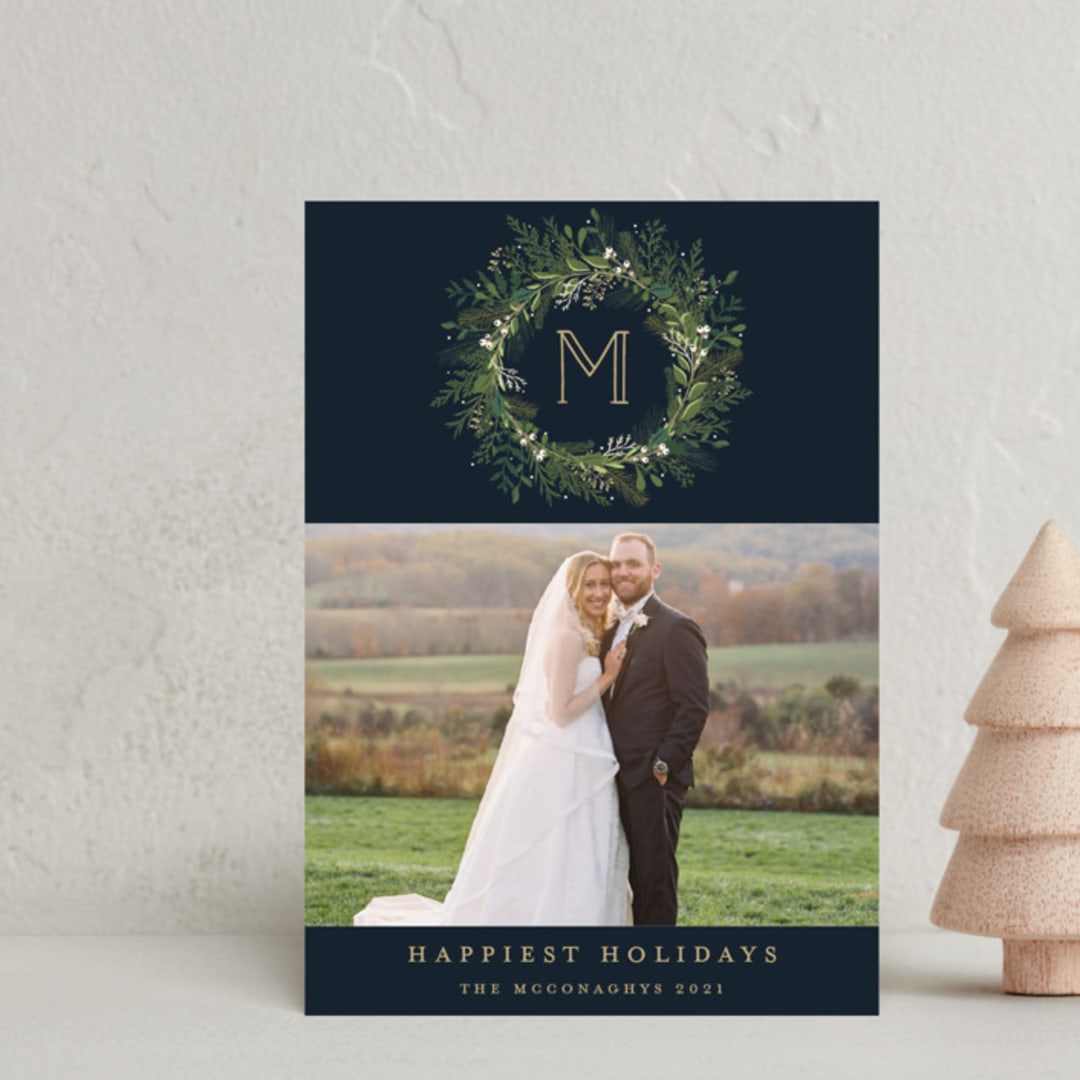 "Greenery Wreath" - Holiday Cards in Twilight by Susan Moyal - Front