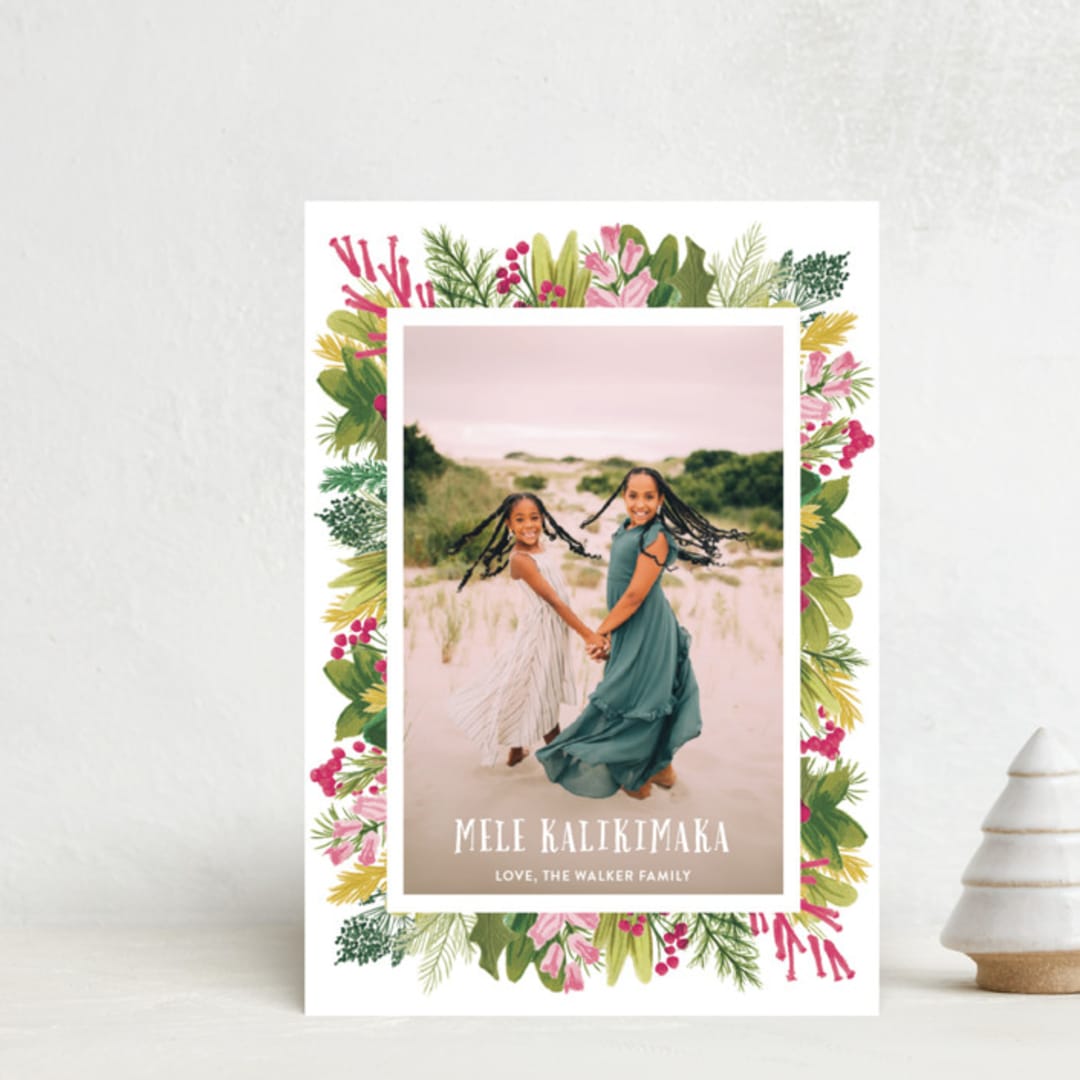 "Tropical Pines Frame" - Holiday Cards in Vintage Rose by Shiny Penny Studio - Front