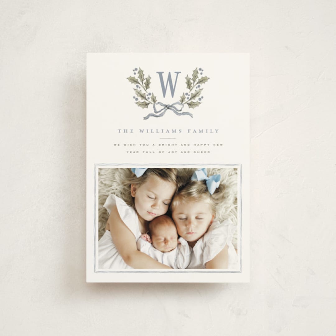 "Holly Monogram" - Holiday Cards in Blue Spruce by Wildfield Paper Co - Front
