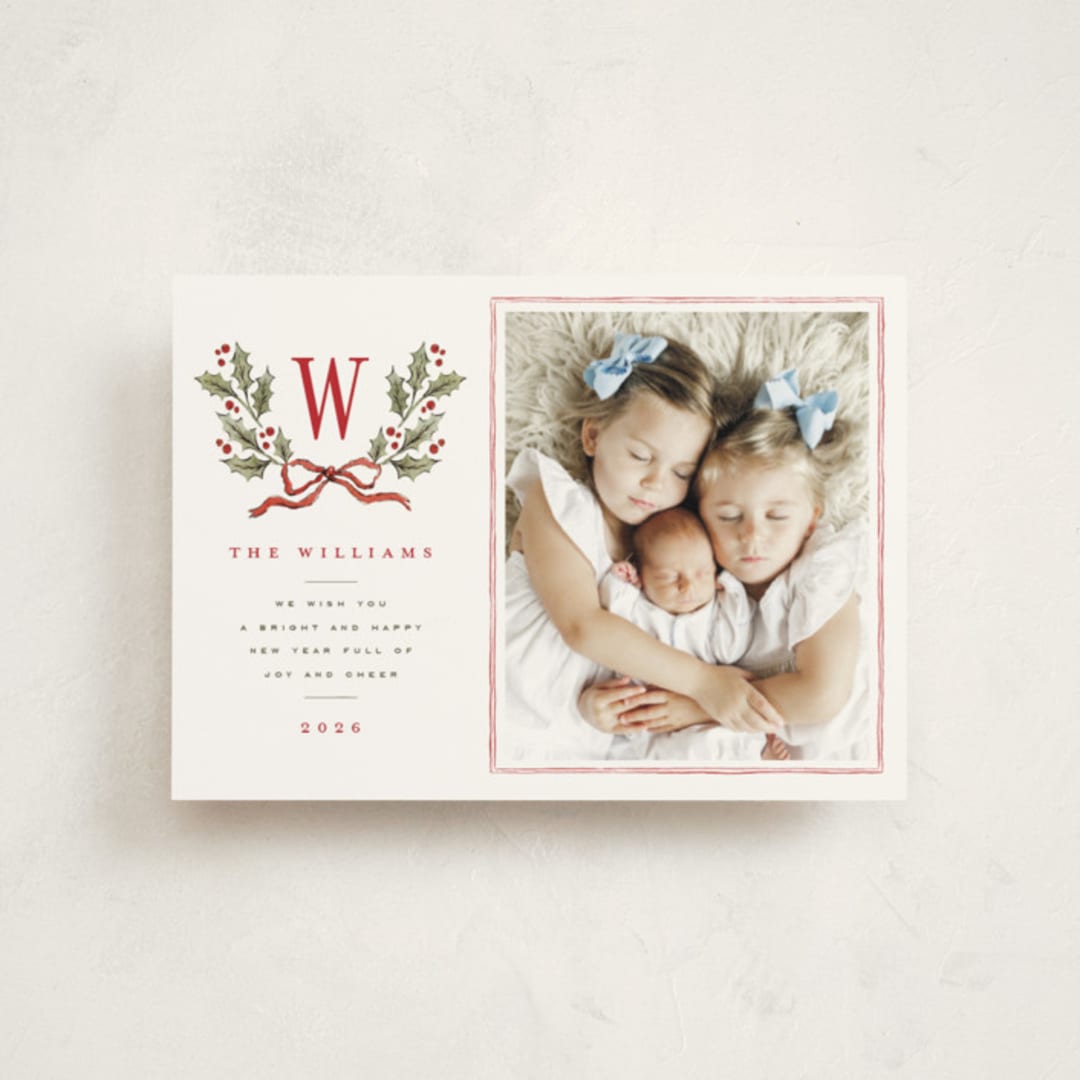 "Holly Monogram" - Holiday Cards in Holly Berry by Wildfield Paper Co - Front