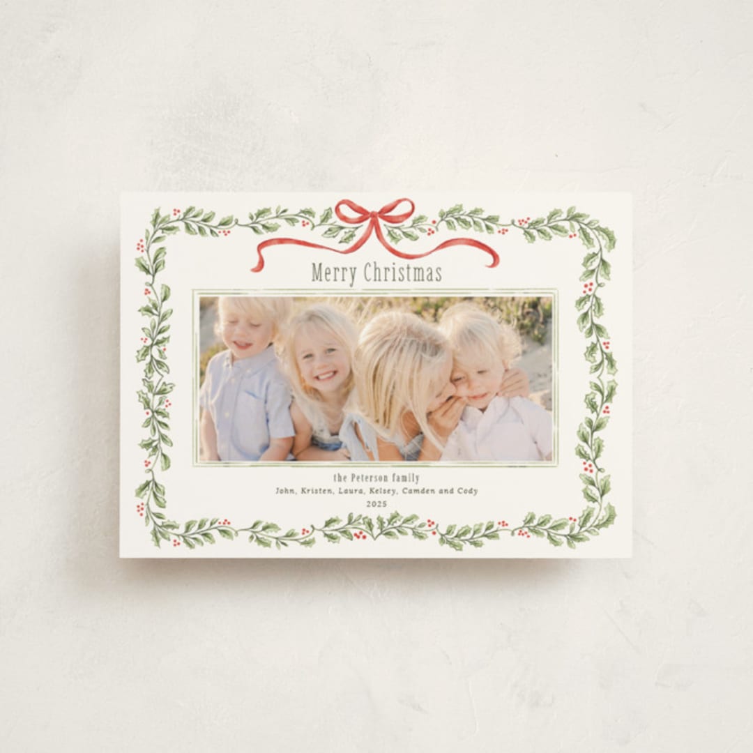 "Holly Garland and Bow" - Holiday Cards in Candy Cane by Paula Pecevich - Front