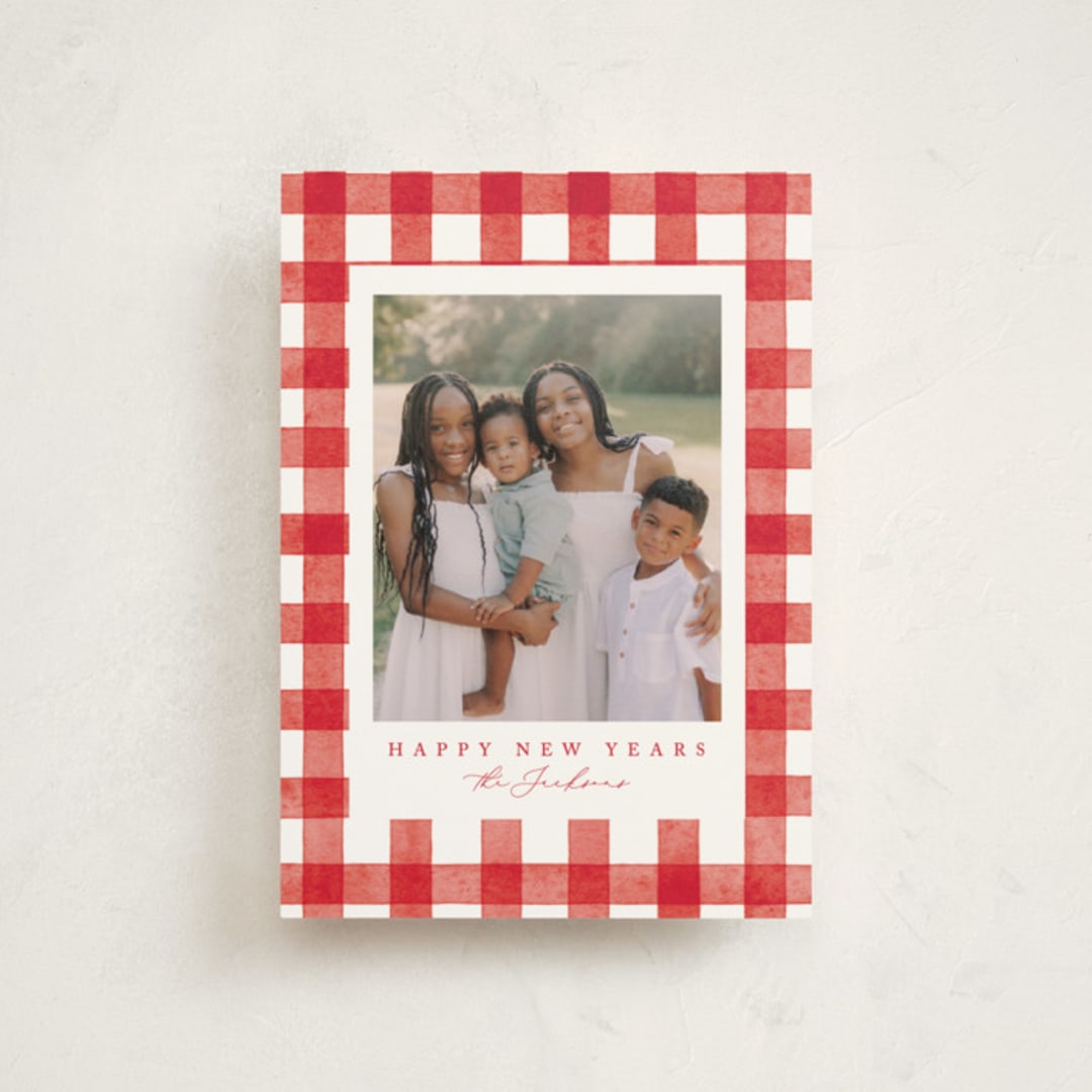 "Merry Gingham" - Holiday Cards in Santa Suit by Brooke Chandler - Front