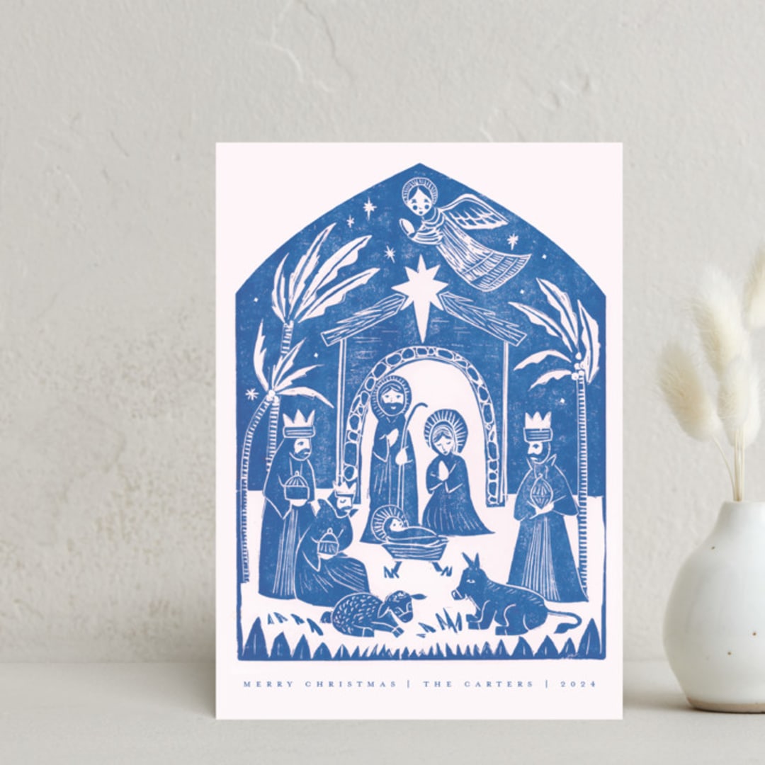 "Linocut Nativity" - Holiday Cards in Sky by Teju Reval - Front