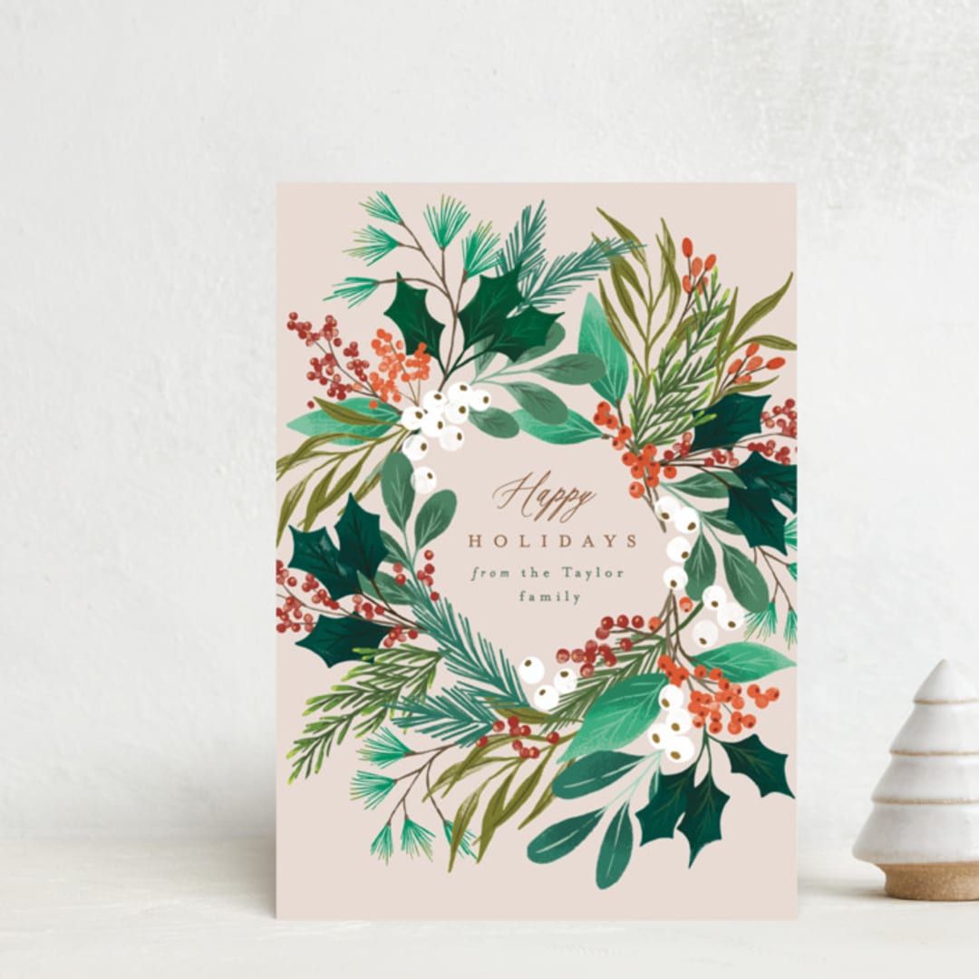 "Foliage Wreath" - Holiday Cards in Buttercream by Alethea and Ruth - Front
