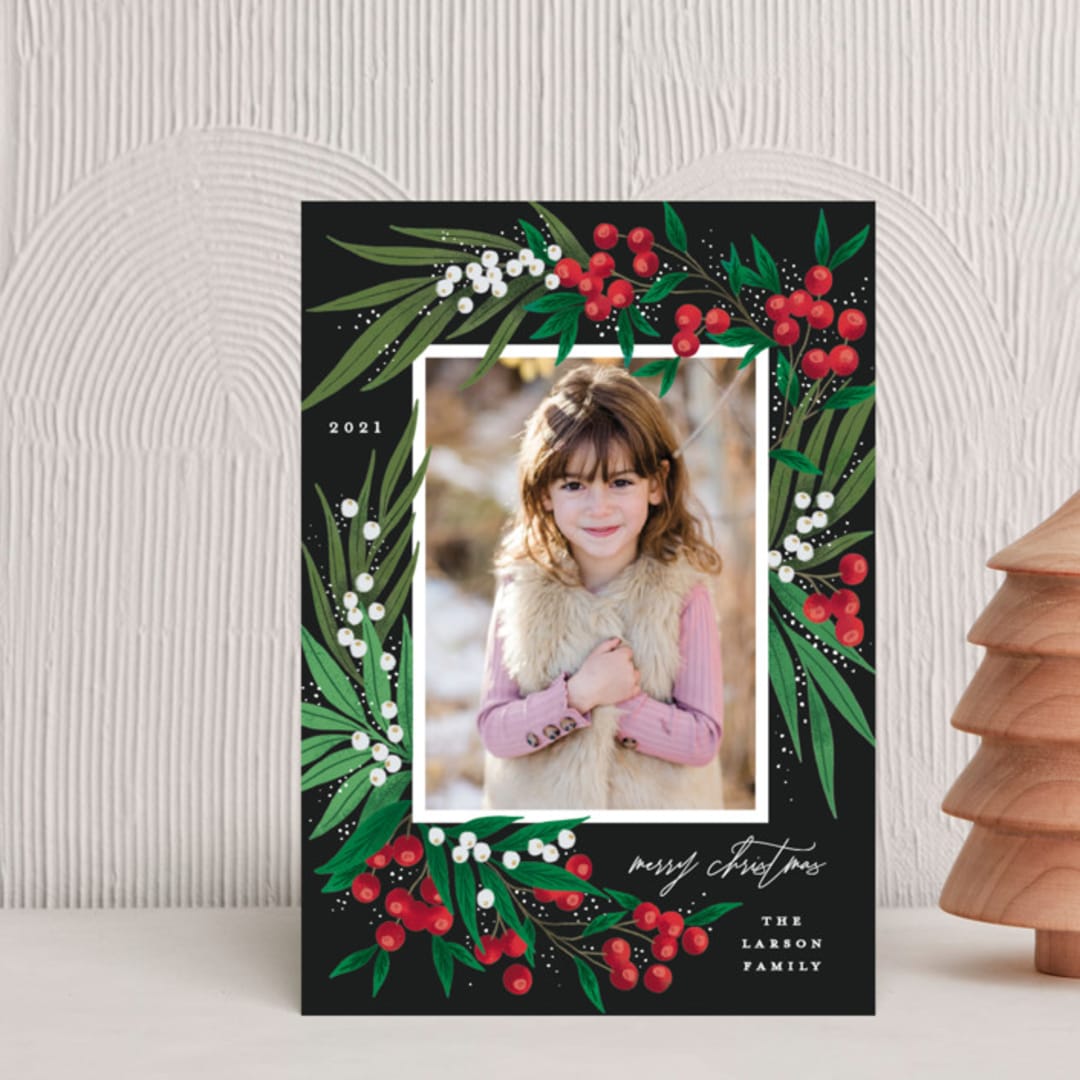 "Leafy Berries" - Holiday Cards in Charcoal by Alethea and Ruth - Front