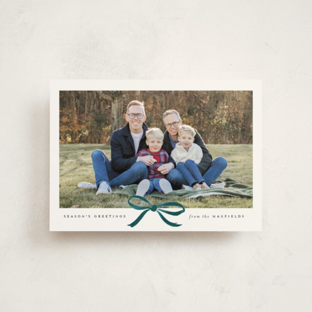 "Crimson Bow" - Holiday Cards in Blue Velvet by Olivia Kanaley Inman - Front