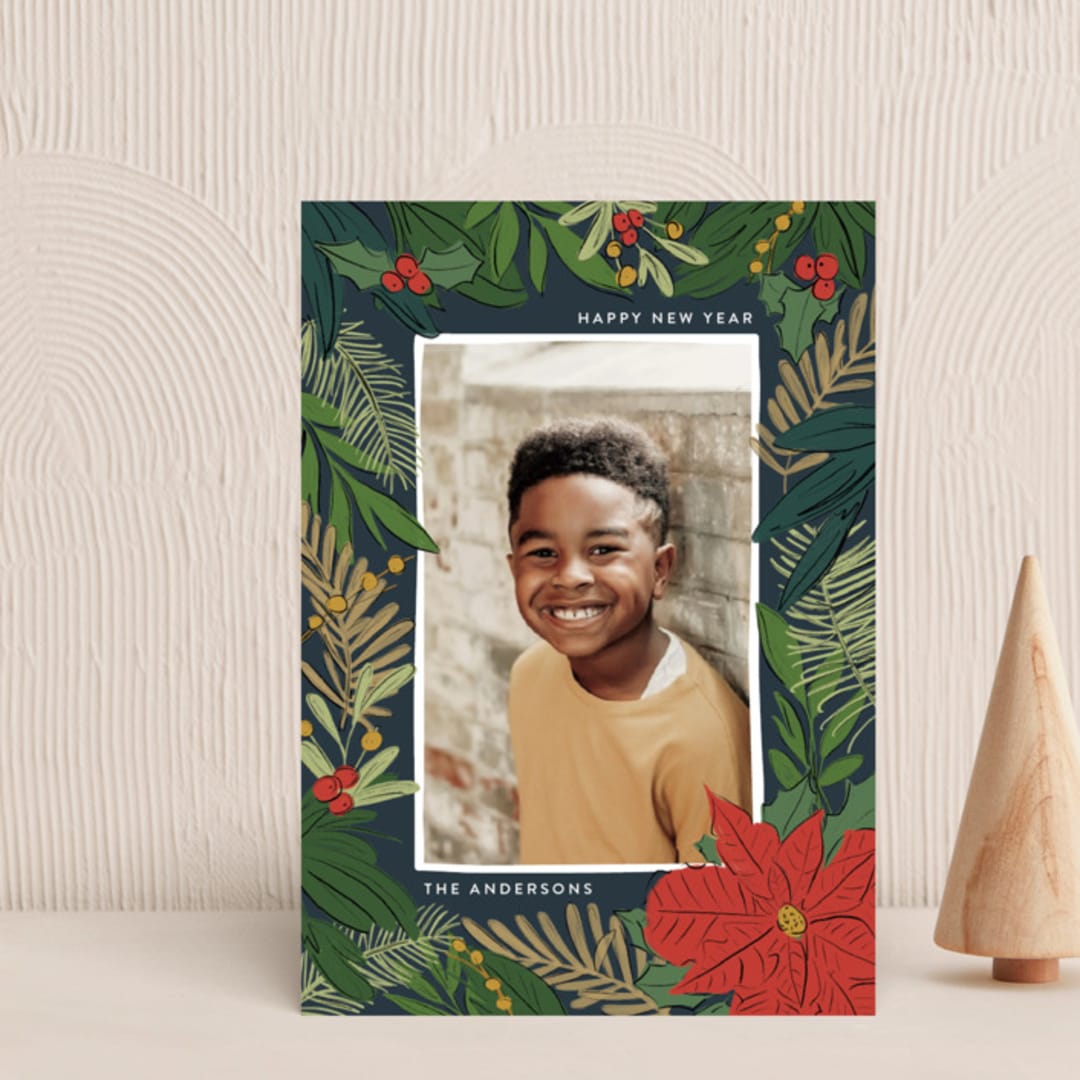"Poinsettia and Pen" - Holiday Cards in Pine Needle by Annie Montgomery - Front